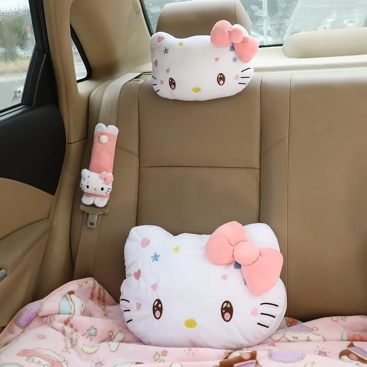 Sanrio Hello Kitty Headrest Seat Belt Cover Back Cushion Kawaii Japanese Style Car Accessories Cute Kitty Cat Pillow Blanket 4