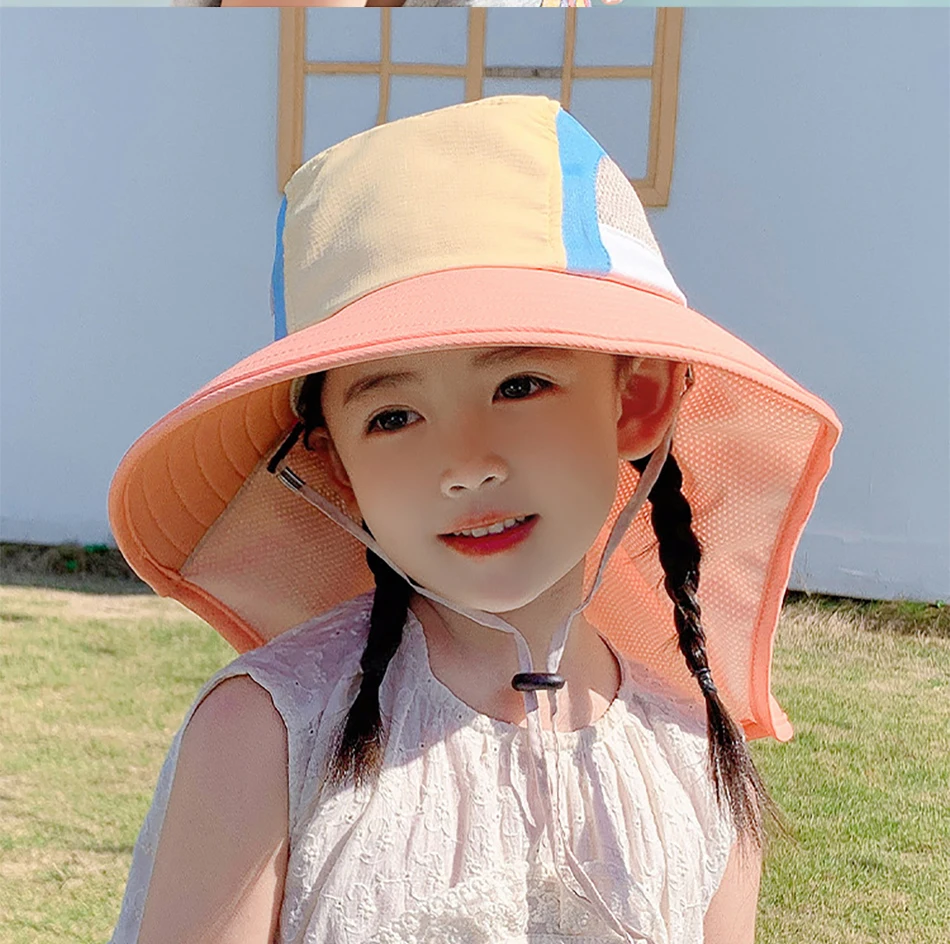 Sommer Baby Sonnenhut mit Nackenklappe und breitem Riemen, Strandhüte, Kinder-Eimerhut, UV-Schutz, Panama-Kappe für Jungen und Mädchen_voghion.com