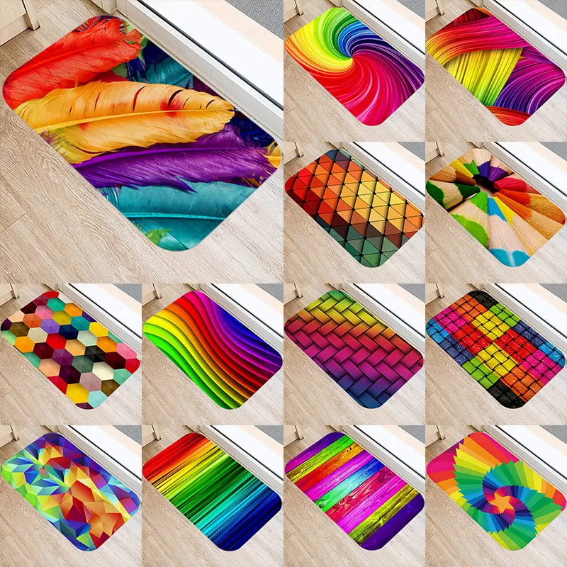 

Geometric Feather Kitchen Entrance Anti-Slip Door Mat Suede Velvet Carpet Doormat Colorful Indoor Floor Mats Doormat Rug 48242