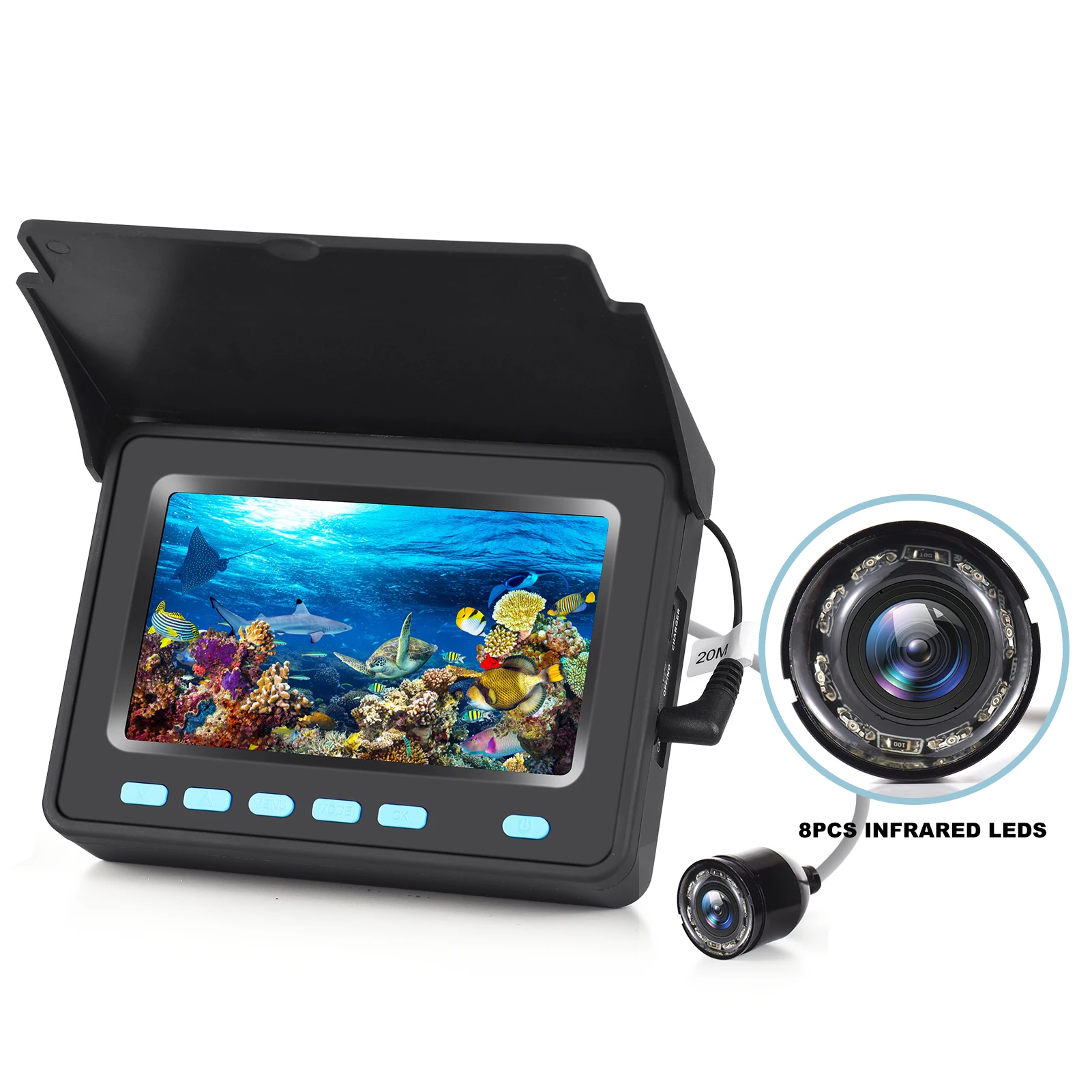 

20M/30M 1200TVL Underwater Fishing Camera Fish Finder 4.3'' LCD Monitor 8PCS IR LED Night Vision Camera for Ice Boat Fishing