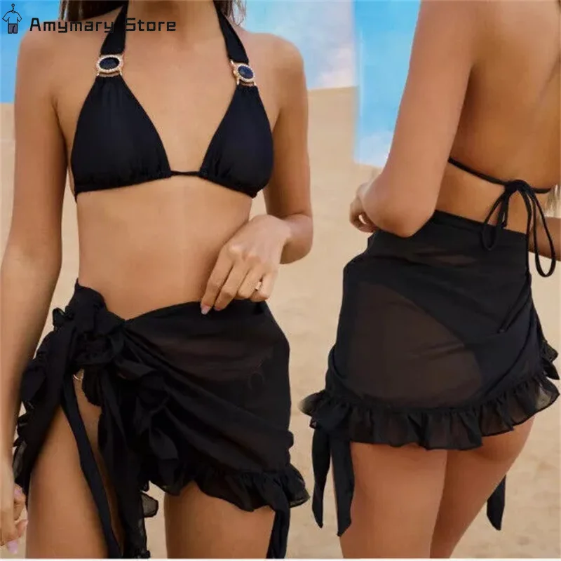 New Summer Women Short Sarongs Skirt Swimsuit Cover-ups Solid Color Ruffled Beach Bikini Wrapped Chiffon Tulle Skirt Scarf Cover