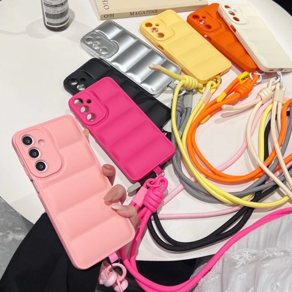Stylish Down Jacket Crossbody Soft Phone Case with Long Lanyard