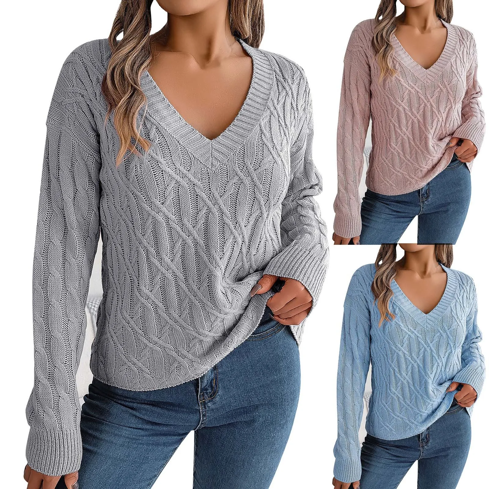 

Women Sweater Autumn Winter Knitted Tops Pullovers V-Neck Casual Solid Soft Knitwear Jumpers Basic Female Sweaters Baggy Jumper