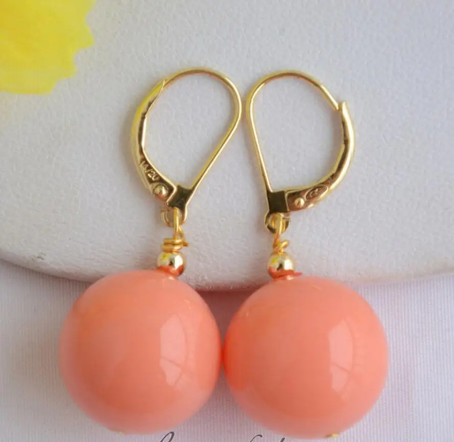 

16MM ROUND PINK CORAL SOUTH SEA SHELL PEARL DANGLE EARRING