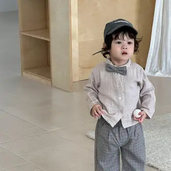 2025 Autumn New Baby Long Sleeve Shirts Cotton Toddler Boys Cute Bow Lapel Shirts Solid Infant Casual Tops Children Clothes
