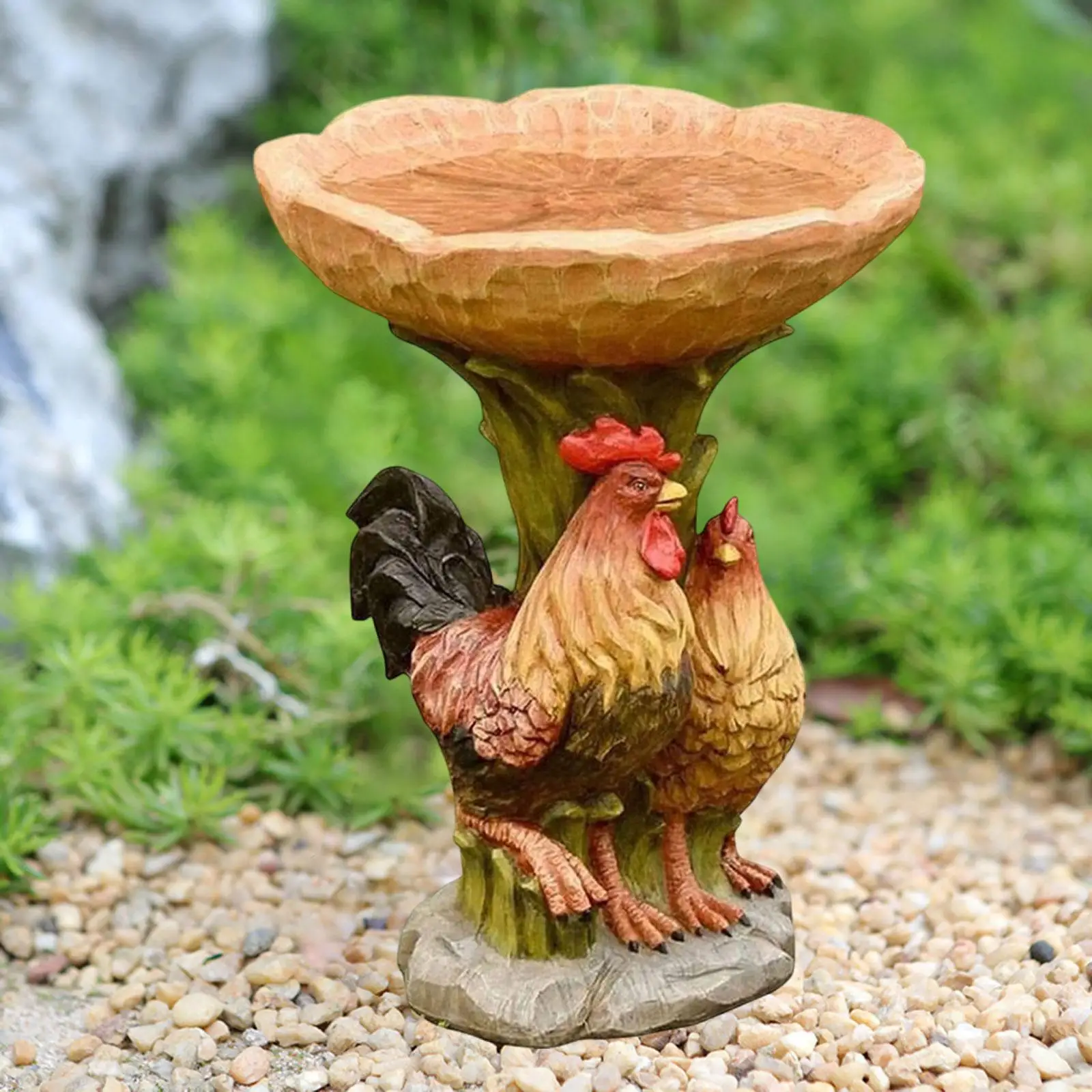 Garden Bird Bath Bowl Landscape Decorative Gift Rooster Statue Figurine Resin Feeder for Park Housewarming Deck Fence Outdoor