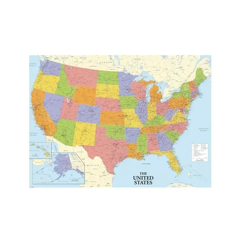 A2 Size Fine Canvas Printed Unframed Map of The United States Roll Packaged Wall Decor America Map for Home Office Decor