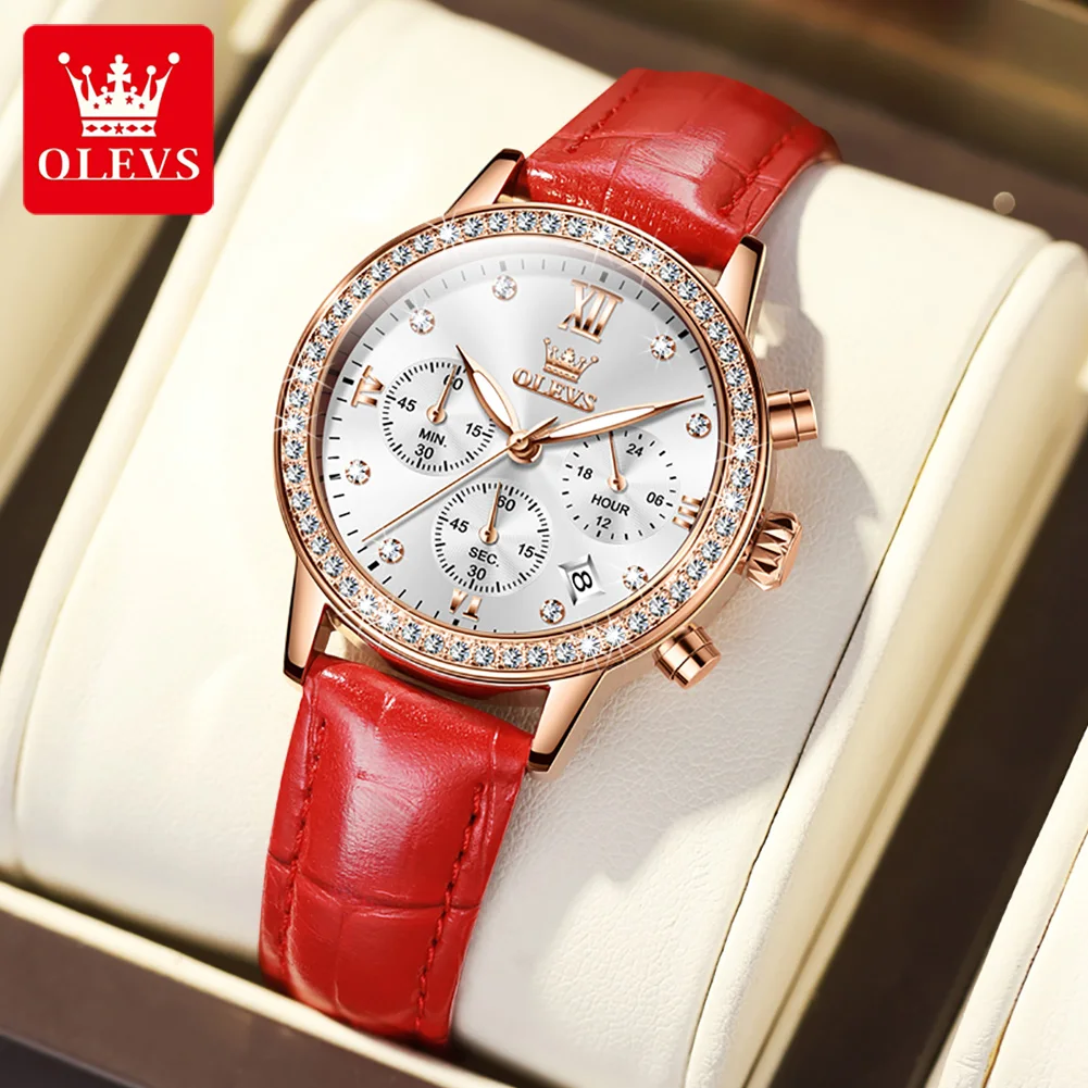 

OLEVS Elegant Quartz Watch for Women Fashion Leather Strap Women's Watches Waterproof Luminous Date Dial Chronograph Wrist Watch