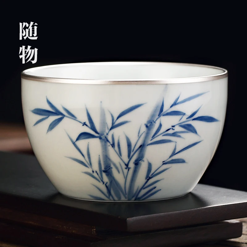 

Silver Blue And White Porcelain Master Ceramic Large Personal Single Cup Pu'er Tea Bowl Jingdezhen