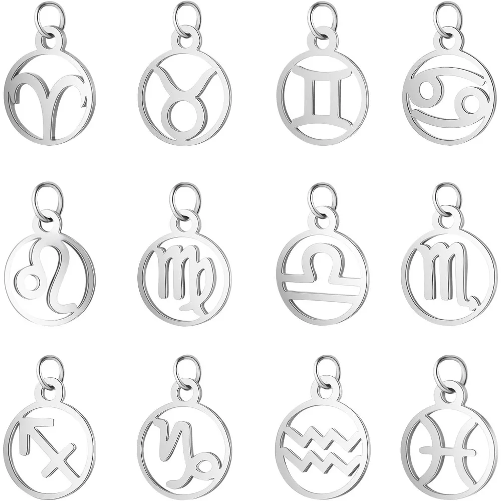 

Stainless Steel 12 Constellations Charm 12pcs Zodiac Sign Pendants Charms Golden 3mm Hole Flat Round with Constellation Pendant