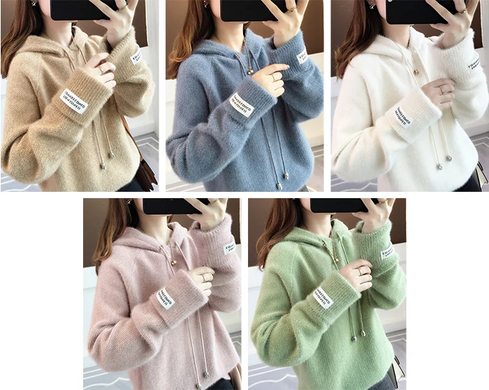 Autumn Winter New Sweater Women Imitation Mink Velvet Korean Plus Velvet Thick Knitted Sweaters Loose Hooded Sweater Female green cardigan