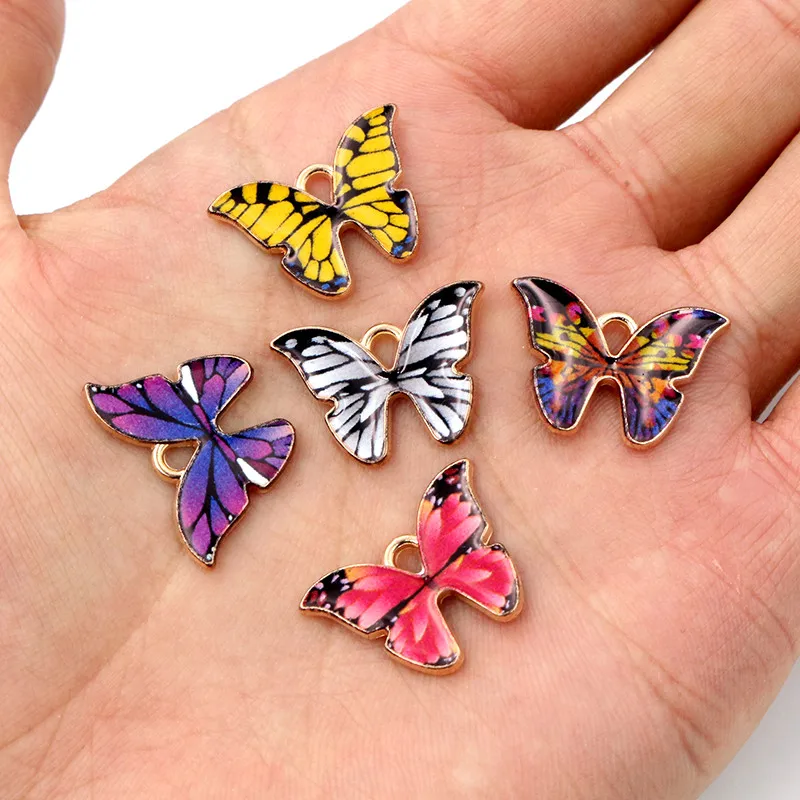 10 개 / 몫 21x15mm 다채로운 나비 매력 펜던트 에나멜 금속 작은 매력 목걸이 팔찌 DIY 쥬얼리 액세서리 만들기