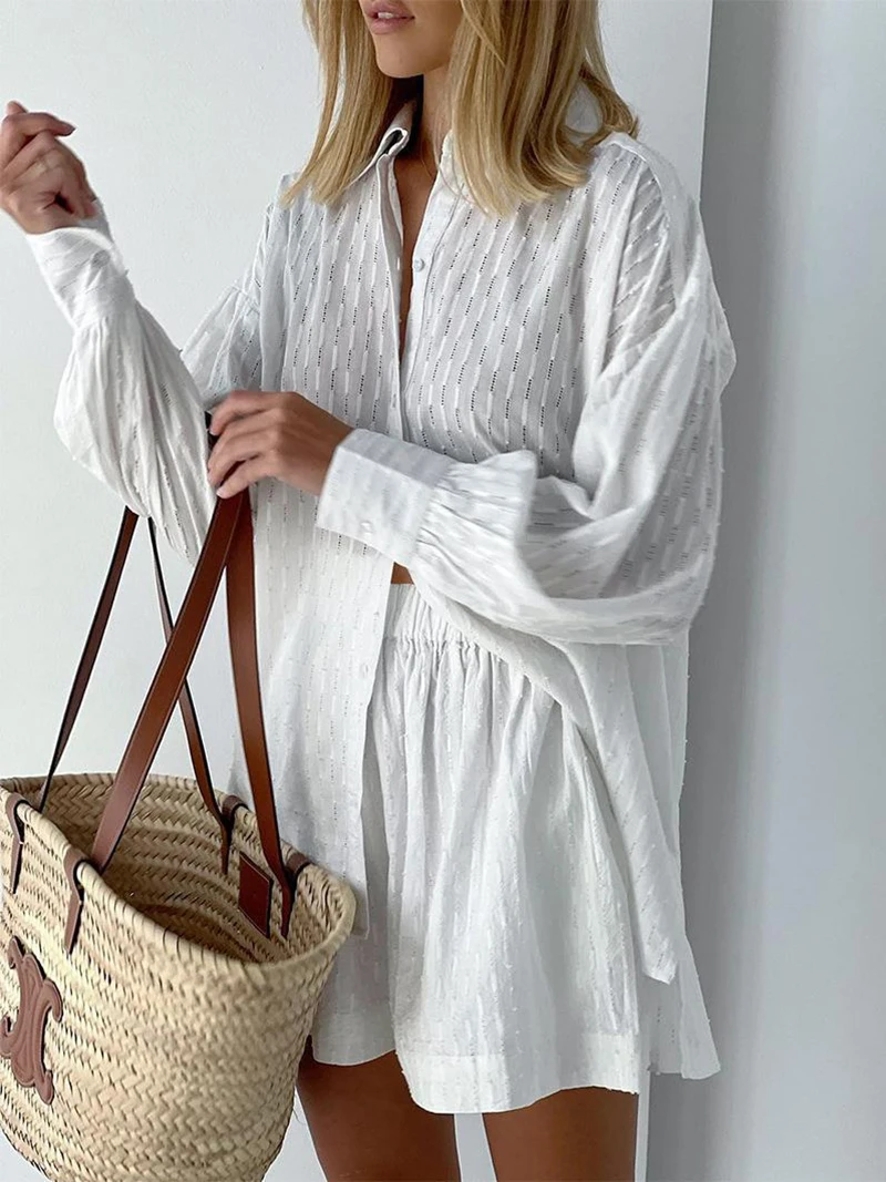 

Wixra Women Suits Elegant Jacquard Fabric Vacation Suits Shirts+Elastic Waist Hot Pants Casual Hollow Out 2 Pieces Outfits