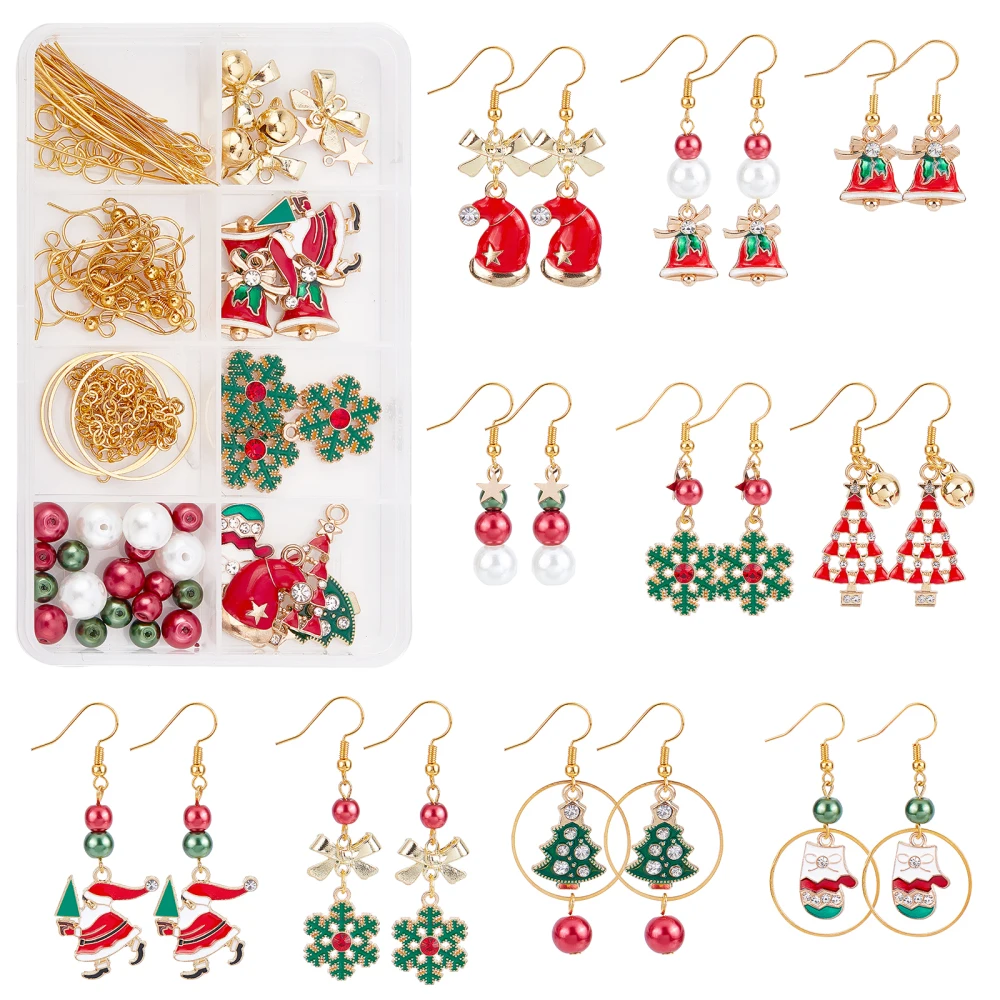 

1Box Christmas Dangle Earrings Making Kits Mixed Glass Pearl Beads Snowflake Tree Pendants Hooks for DIY Xmas Jewelry Gifts