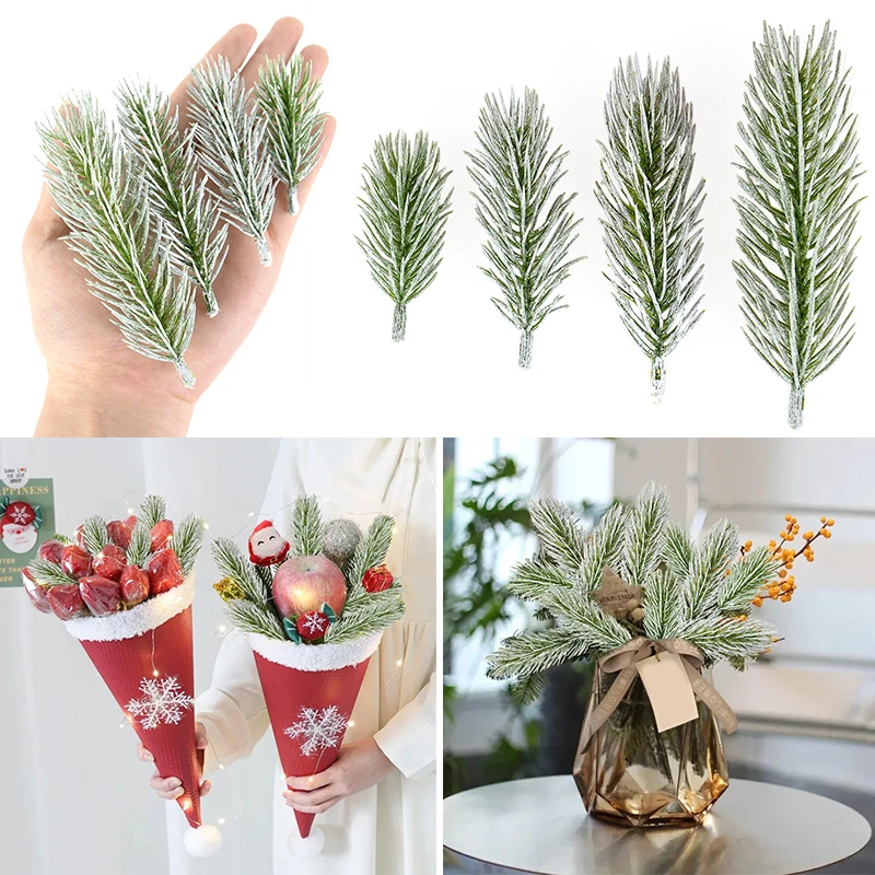 10Pcs Artificial Snow Pine Needles Fake Plants DIY Scrapbooking Accessories Christmas Wreath Decoration Home Decorative