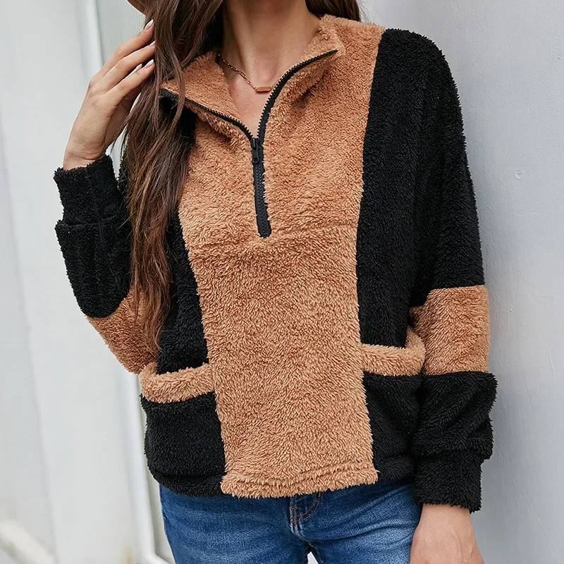 2021 Autumn Women's Lapel Fashion Pullover Street Style Zipper Sweater Trend New Loose Long-sleeved Pullover Plush Sweater Women