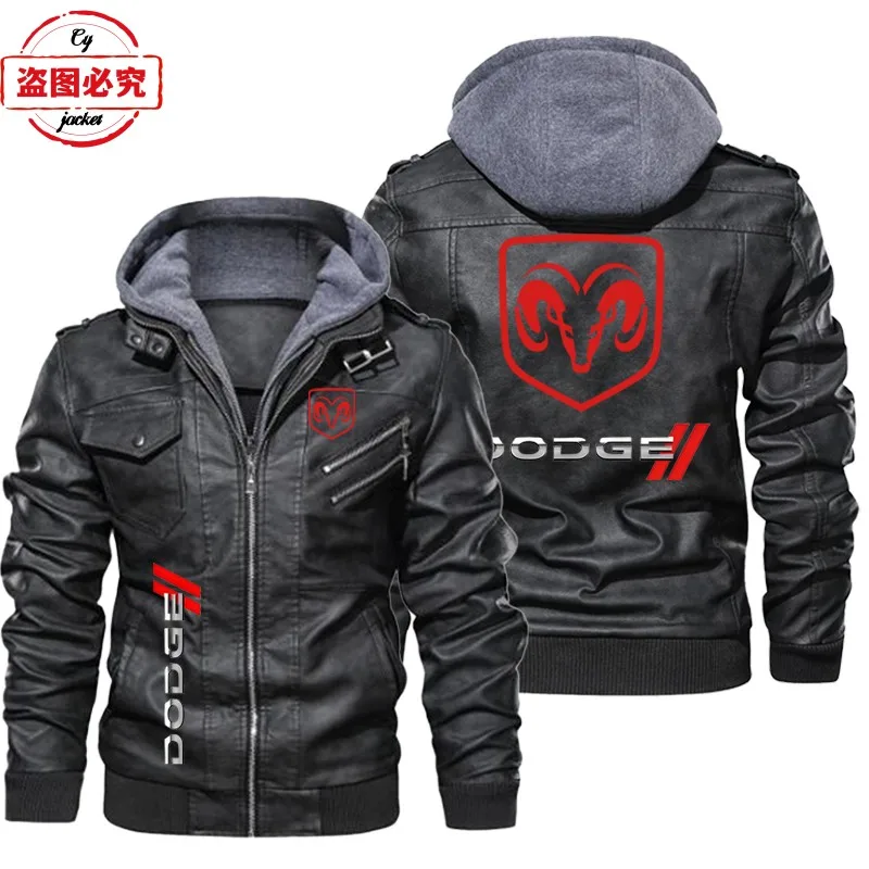 Dodge car logo leather jacket retro washed pu leather jacket windproof men's hooded jacket dodge racing suit team suit 3