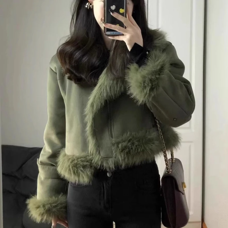 Jacket Coat Women's Green Stitching Lambswool Suede Short Warm Fashion Single-Breasted Turtleneck Zipper Fur Collar AutumnWinter