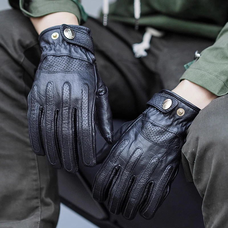 

Retro Motorcycle Riding Gloves With Velvet Autumn Winter Motorcycle Leather Warm Motor Gloves Black Yellow Mountain Racing Glove