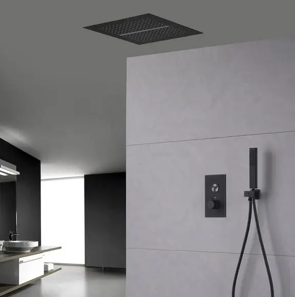 

Matte Black 3-Function Ceiling Mounted Rain Waterfall Thermostatic Shower System Brass Square Shower Faucet Set for Hotel