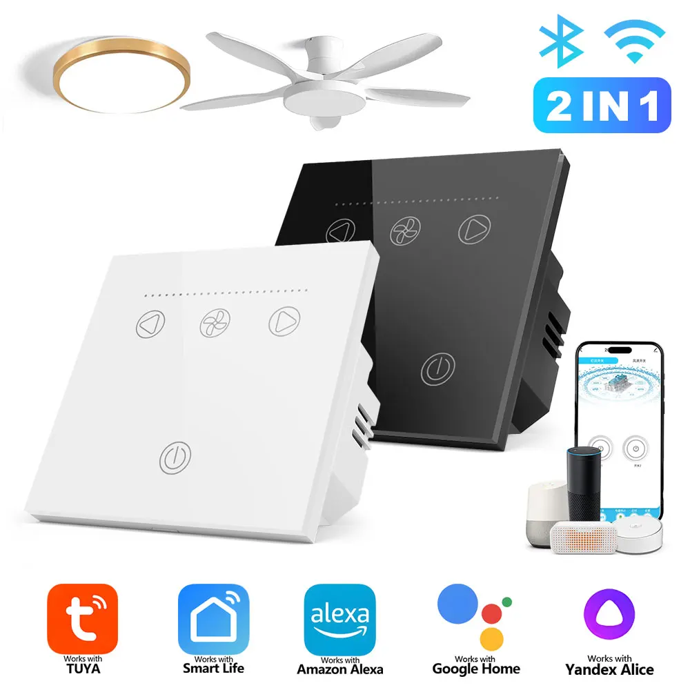 WiFi Smart Switch for Ceiling Fan Light EU Standard Compatible with Alexa/Google Assistant White/Black