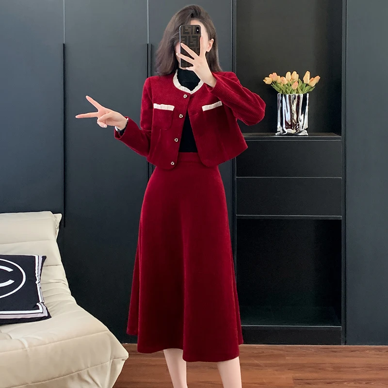 

In-Stock Autumn Winter Vintage Chic Corduroy Co-ord Set: Red Elegant Top & Midi Skirt Two-piece Set for Women Female Office Lady