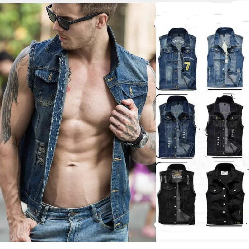 

Multiple styles Denim Clothing Men Jean Sleeveless Jacket Denim Vest Multiple Styles Male Slim Outdoors Holes Cowboy Waistcoat