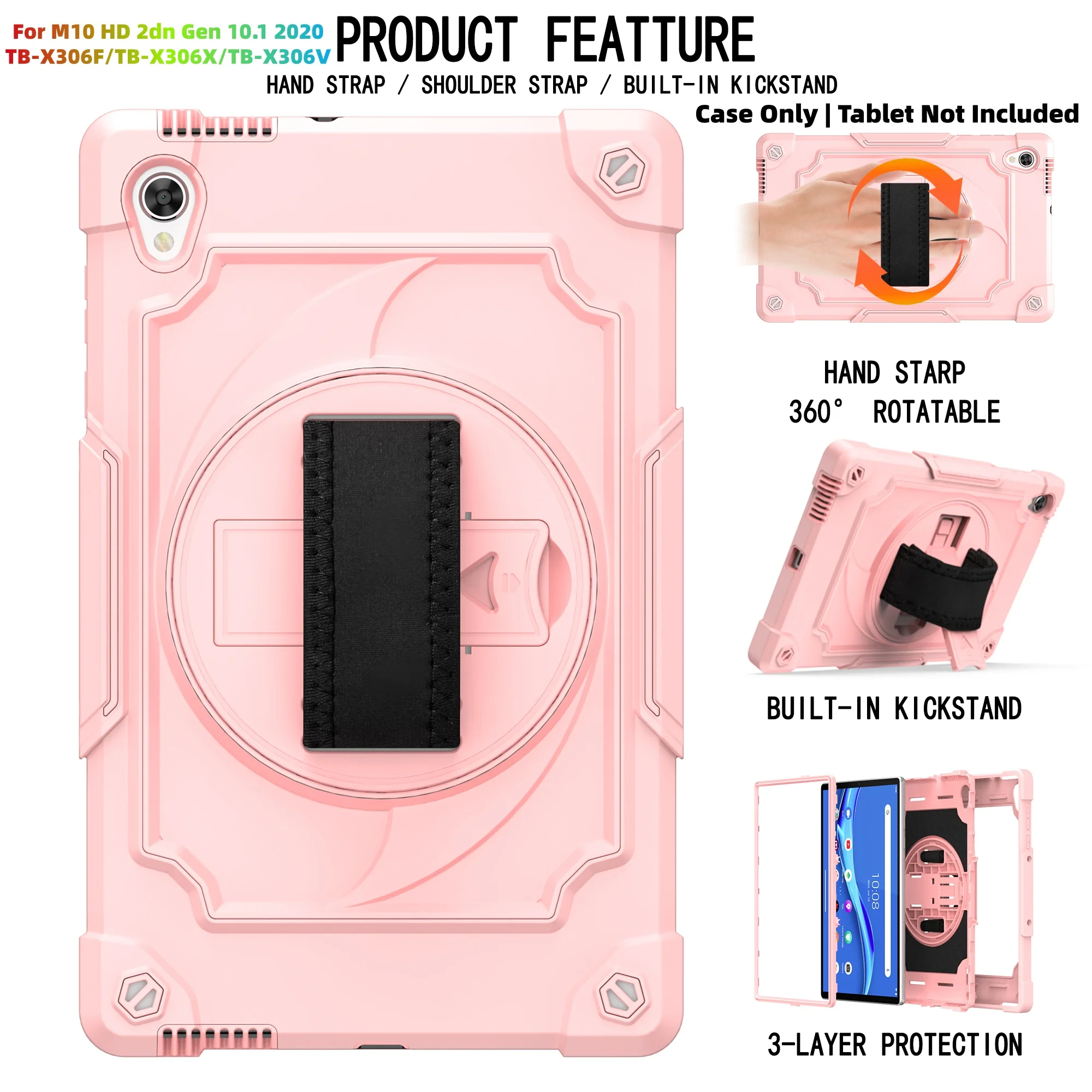 Heavy Duty Shockproof Tablet Case with 360° Rotatable Kickstand, Hand Strap, and Shoulder Strap