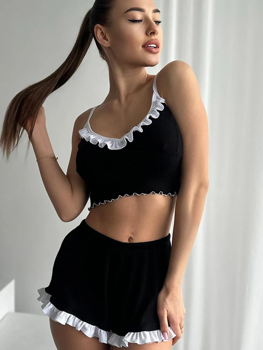 Marthaqiqi Fashion Women'S Pajamas Set Crop Top Sleepwear Spaghetti Strap Nightie Tank Tops Pyjamas Shorts Casual Nightwear Suit