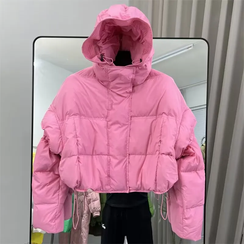 

2023 Winter Women 90% White Duck Down Coat Female Stand Collar Single-Breasted Puffer Jacket Casual Loose Hooded Parkas