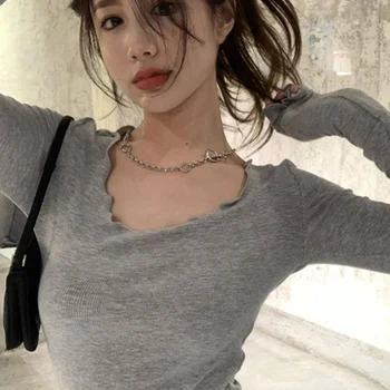 여성용 긴소매 티셔츠, 펑거스 라인, 불규칙한 밑단, 니트 슬림 라인, 가을 보터밍 티, 시크 패션, 섹시한 단색 얼짱, 신제품