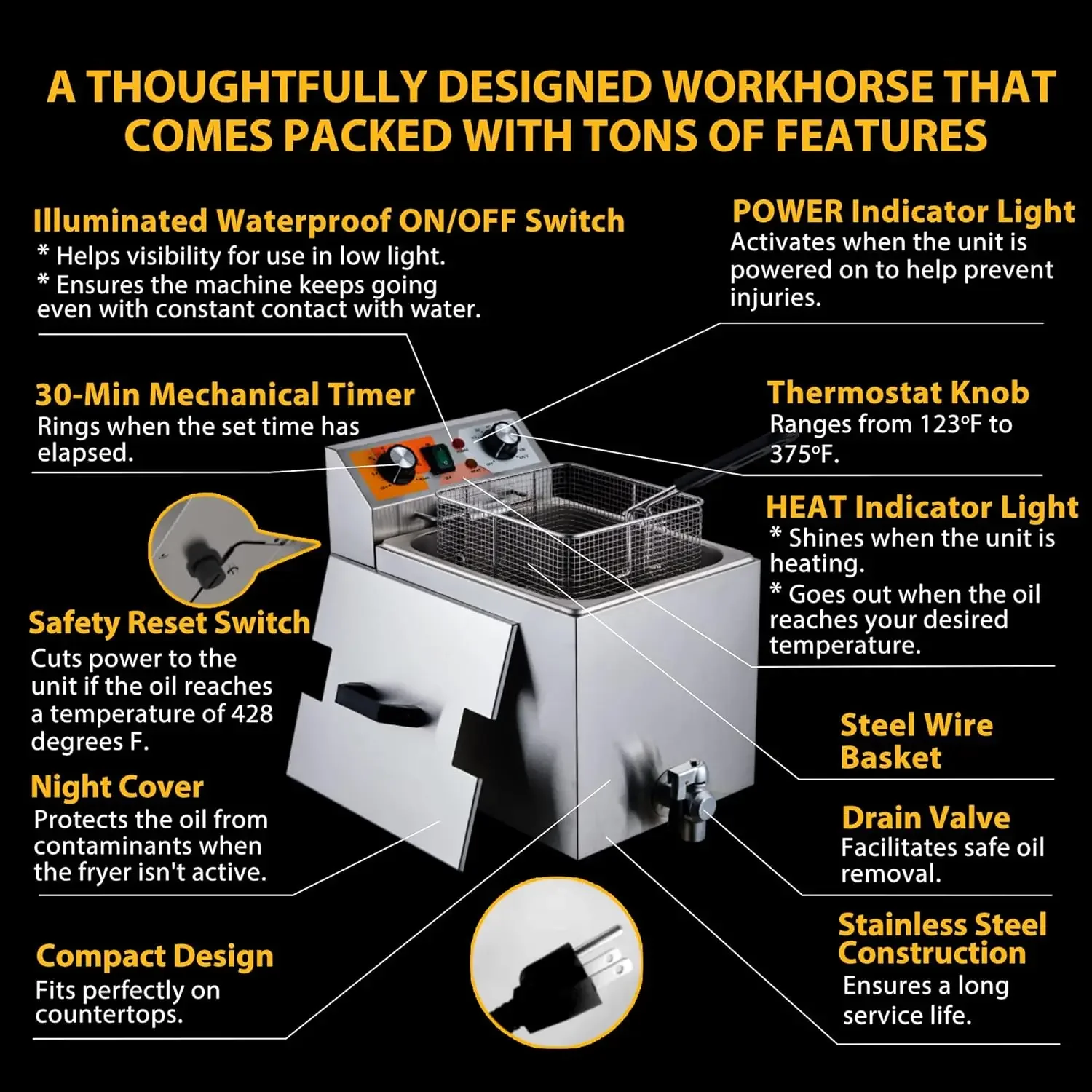 14 Qt. Electric Countertop Commercial Deep Fryer with 6.8 Qt. Basket, for Restaurant and Home-120V, 1700W, Stainless Steel