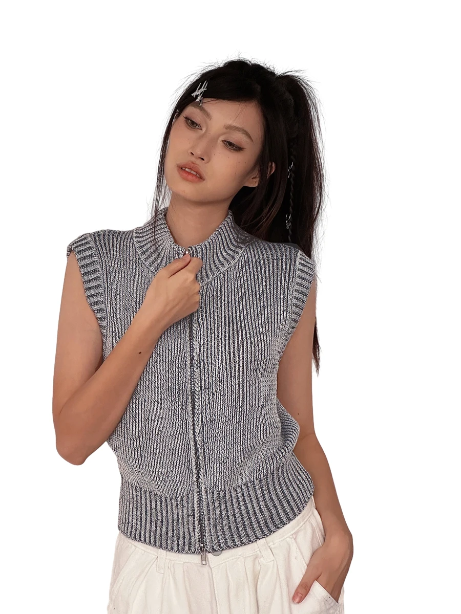 

Женский облегающий трикотажный свитер на молнии без рукавов, летние майки с высокой горловиной, цвет серый