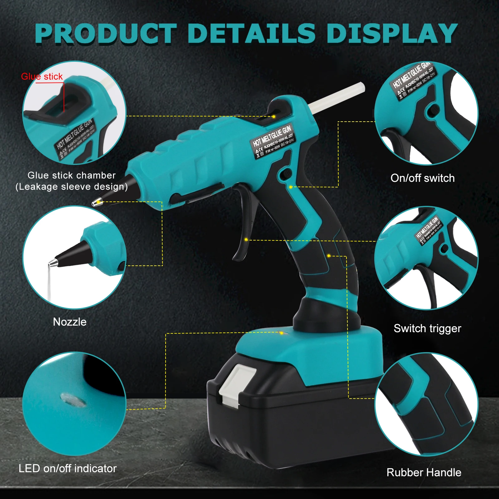 50W Cordless Hot Glue Gun for Makita 18V Battery with 30pcs 7mm Sticks 30s Quick