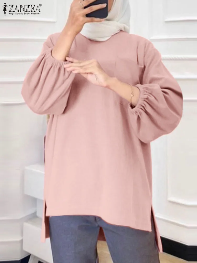 

ZANZEA Muslim Blouse Women Fashion O Neck Long Sleeve Tops Dubai Turkey Abaya Casual Loose Shirt Solid Pullover Blusas Oversize