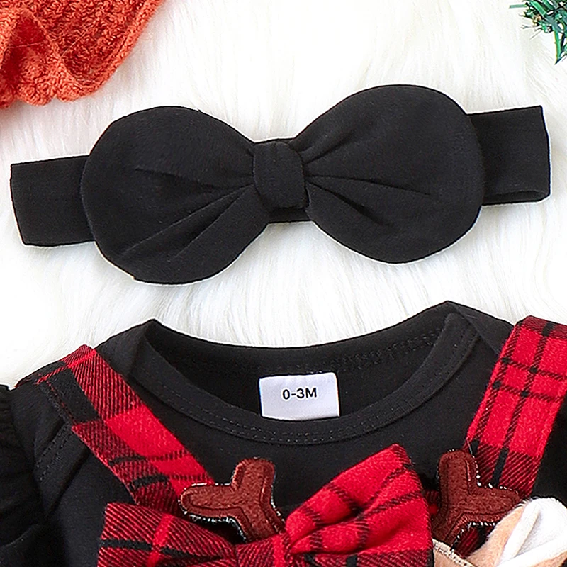 

Newborn Baby Girl Christmas Outfit Long Sleeve Solid Color Romper Deer Plaid Suspender Skirts Cute Headband