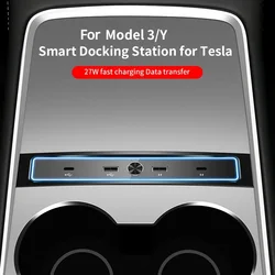 2 in 4 Docking Station for Tesla Model 3 Y Quick Charger 27W Extension Converter Car Intelligent USB Hub Center Console Adapter