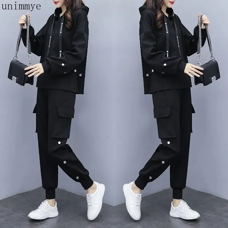 Women's Black sports suit Large  tracksuit Hooded T Shirt+pants two piece set Top And Pant Big clothes Matching Set L01
