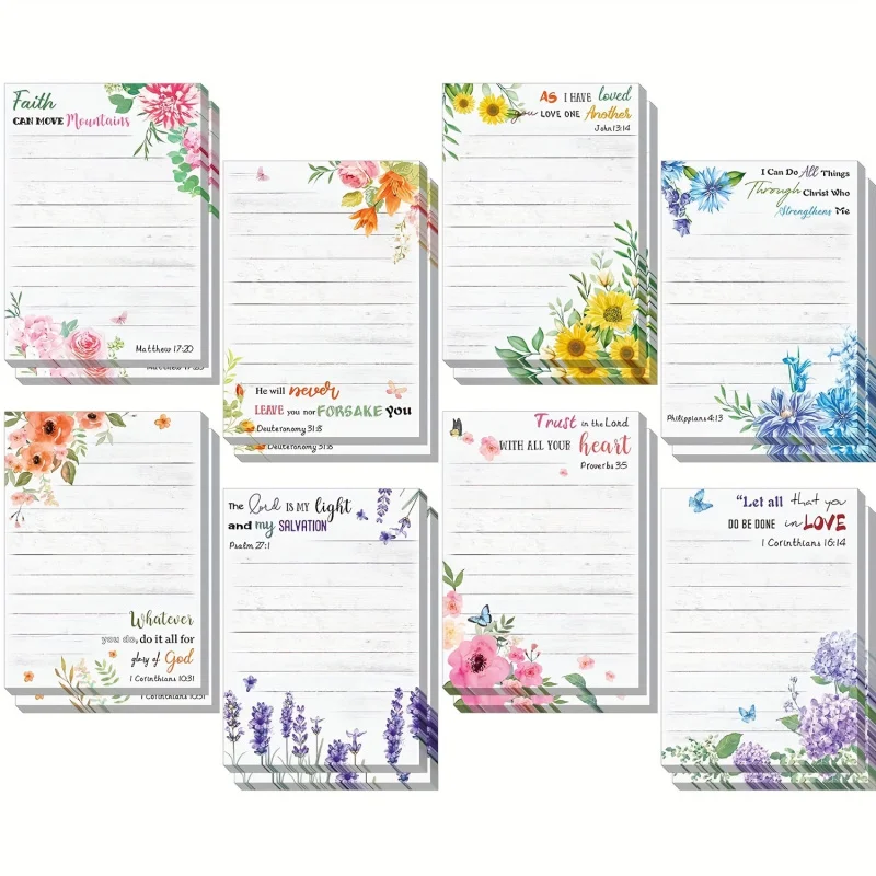 8 Pcs Inspirational Bible Verse Sticky Notes Floral Pattern, Christian Quote Notepad for Office, School and Shopping List