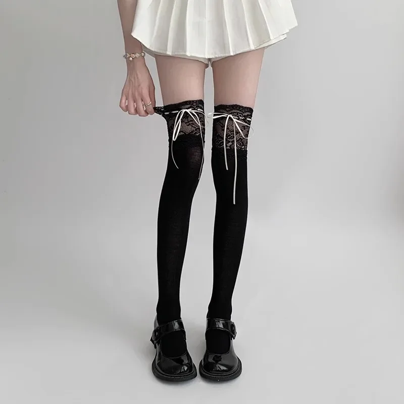 Lace Tied Ribbon Velvet Over Knee Socks 1 Pairs Women Mid Leg Kawai Thigh High