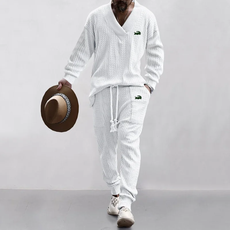 2024 Autumn New Men's Suit Europe And The United States Style Heavy Quality Jacquard V-neck Shirt Trousers Two Sets 2