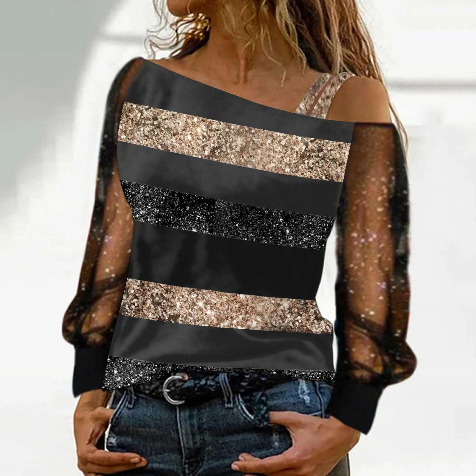 

Glitter Sequin Off Shoulder Patchwork Blouse Women Mesh Long Sleeve Shiny Loose T Shirt Harajuku Streetwear Nightclub Party Tops