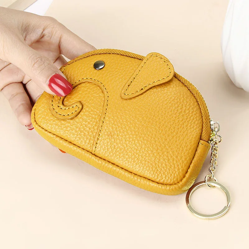 

Genuine Top Layer Cow Leather Cute Mini Elephant Shape Attached Key Ring Chain Design Lady Coin Purses Small Handbag Palm Bags
