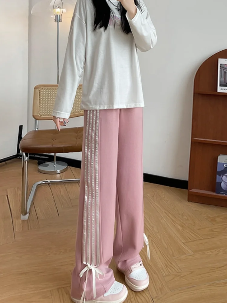 Y2k Pink Striped Sweatpants 2024 High Waist Casual Bows Wide Leg Pants Harajuku Trousers Streetwear