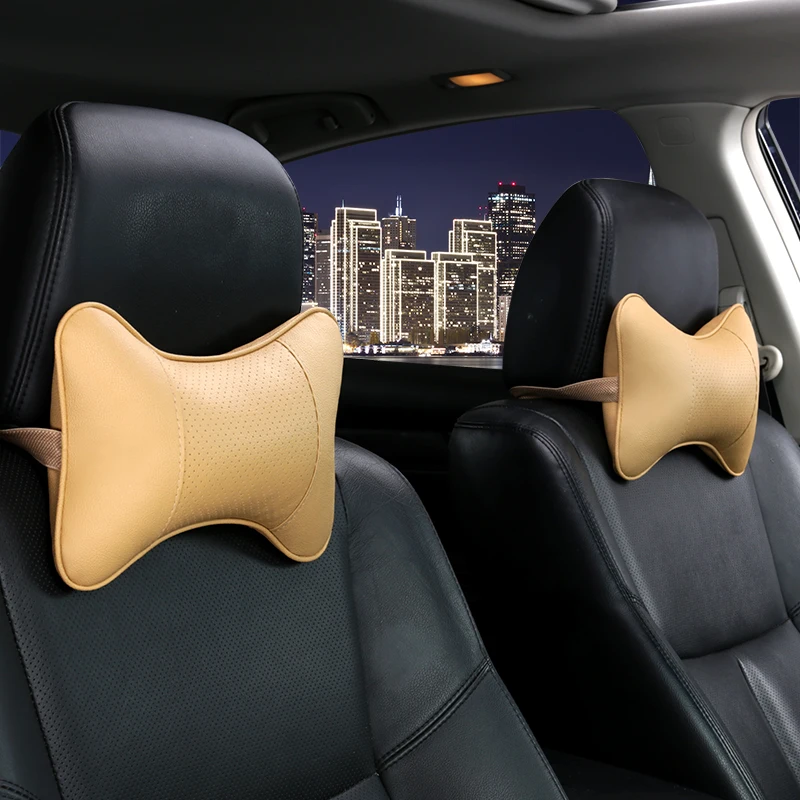 thumbnail image 1 of 2 piezas de almohada de cuero para el cuello del automóvil, cojín para reposacabezas, soporte para el cuello, cómodo y portátil, reposacabezas universal, 1 of 4