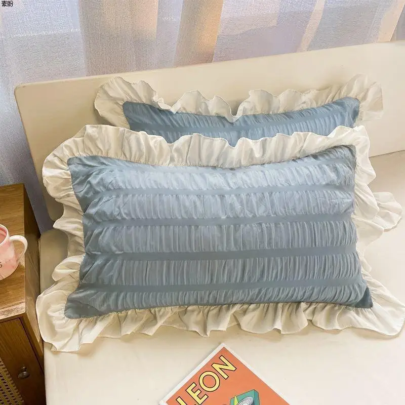 

2pcs Ins Pillowcase with Lace for Bed Princess Style 48x74cm Solid Twill Skin Friendly Rectangular Pillow Case for Bedroom Dorm
