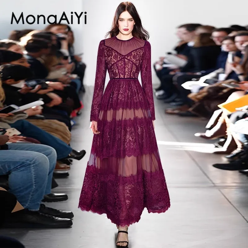 

Новинка 2023, модное дизайнерское женское платье MonaAiYi с длинными рукавами, Сетчатое лоскутное кружевное платье в стиле принцессы