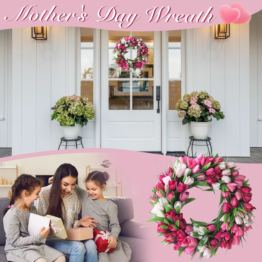 15.7inch Tulip Wreath Artificial Flower Wreath with Tulips Mothers Day Valentine's Wreaths for Wall Window Party Wedding Decor