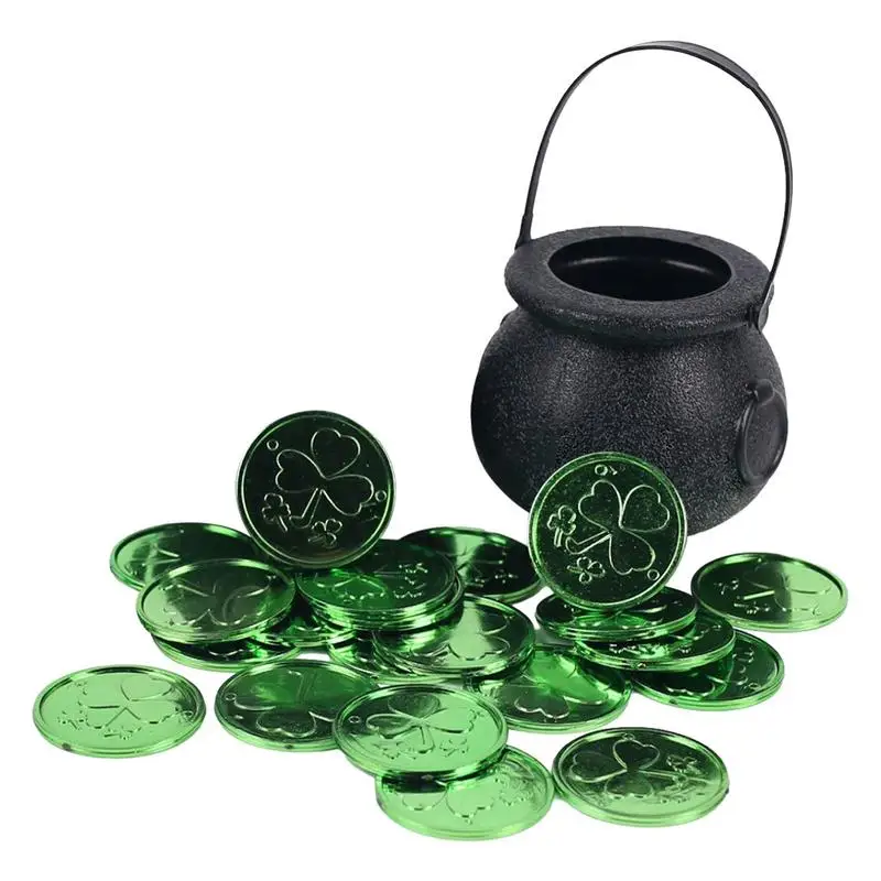 

St Patricks Day Coins Black Pots Black Cauldron Pot Little Witch Candy Jar with 50 Lucky Shamrock Coins Party Decorations