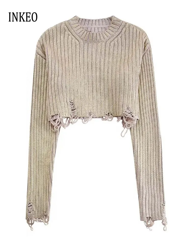 

Модный глянцевый укороченный вязаный свитер для женщин, сезон весна-осень 2024, серый и золотой пуловер с длинным рукавом, топы, трикотажная одежда INKEO 4T007